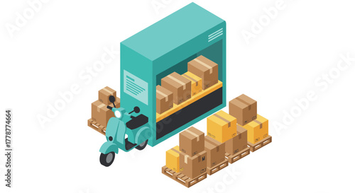 Isometric delivery warehouse with boxes and scooter for efficient logistics