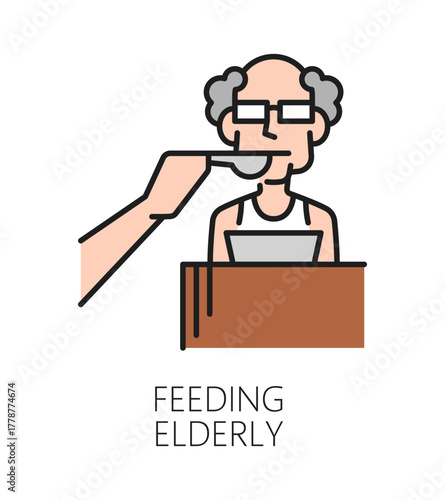 Elderly care service feeding color line icon or symbol. Elderly nursing center thin line pictogram, older person help work vector icon. Senior care home or service symbol with old man fed with spoon