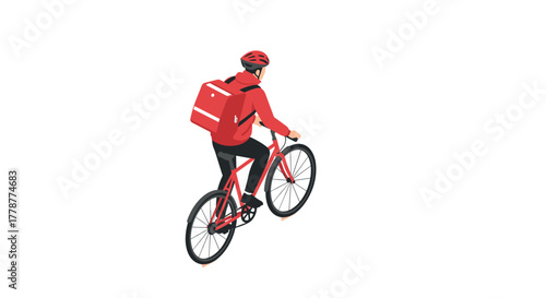 Isometric cyclist in red riding a bike with backpack