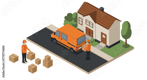 Isometric delivery scene with orange van near suburban house