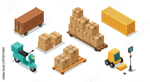 Isometric logistics set cargo containers, boxes, and delivery vehicles