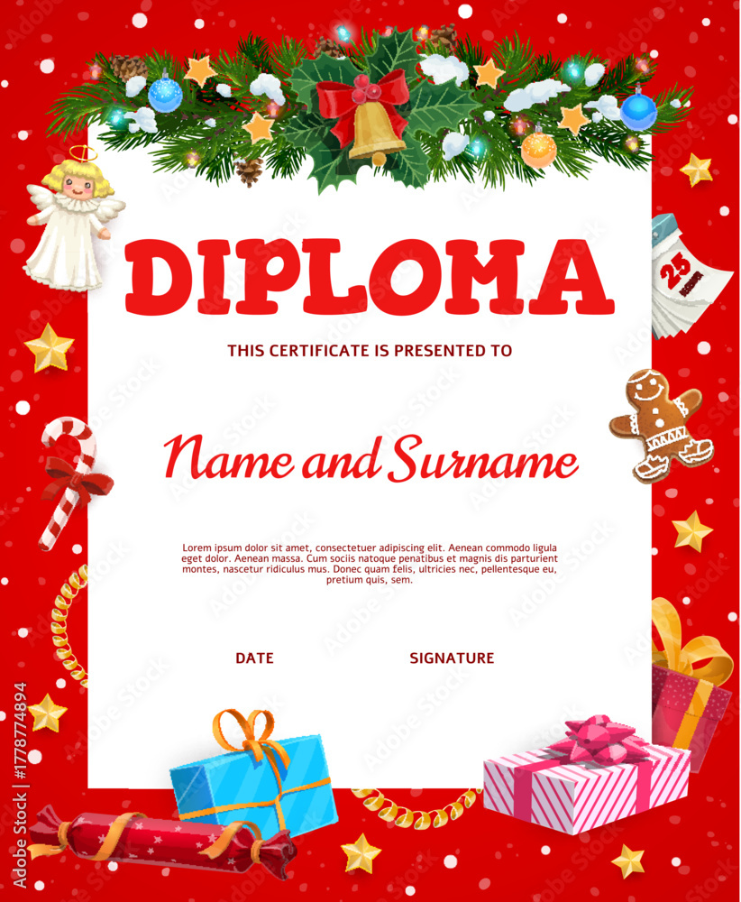 Fototapeta premium Kids diploma for Christmas holidays, decorated with cartoon festive garland of pine branches gifts, candy cane, gingerbread man and Xmas holiday gold bells. Vector Christmas kids diploma award