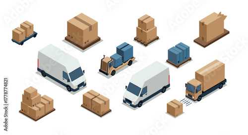 Isometric delivery vehicles and cargo boxes set for shipping logistics design