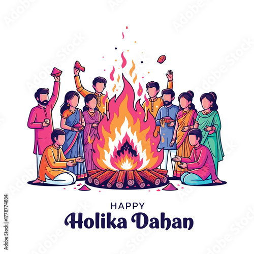 Joyful Holika Dahan Celebration with Bonfire and Festive People