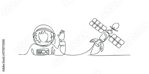 Astronaut waving from space near satellite