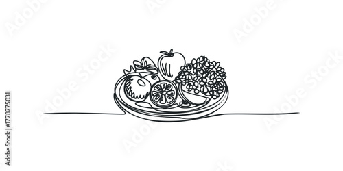 Abstract Single Line Drawing of a Bowl of Fruit and Grains