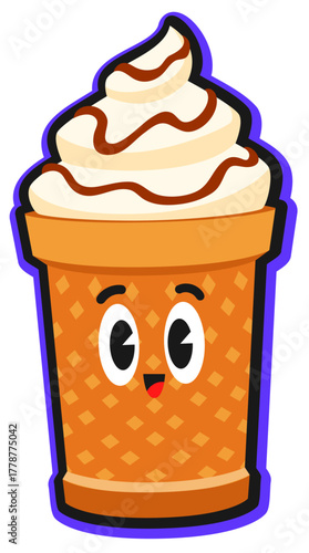 Fast food ice cream character vintage Y2K sticker or label. Street food menu dessert vintage 90s vector sticker, takeout sweet meal label. Ice cream with waffle cup cute personage fast food patch