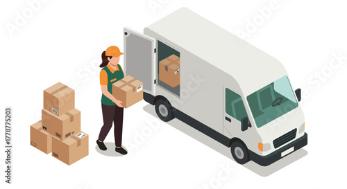 Efficient delivery service with female courier unloading packages from van in isometric style