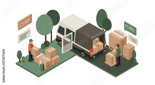 Isometric delivery van loading scene with workers and cardboard boxes in a forested area