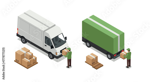 Isometric delivery service concept with cargo van and truck illustrating package transportation