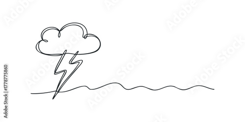 Continuous line drawing of cloud and lightning bolt