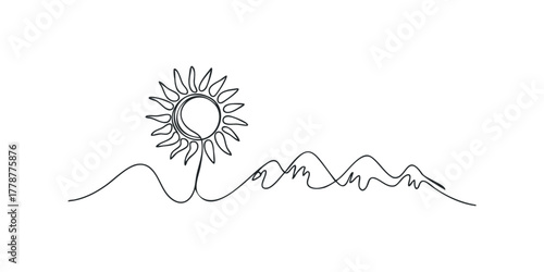 Line art sun over rolling hills