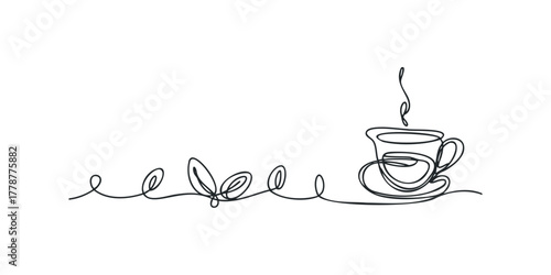 Steaming cup of coffee with decorative line art leaves