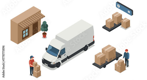 Isometric delivery concept with truck, boxes, and couriers for efficient shipping