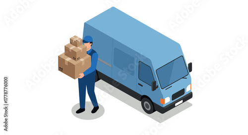 Delivery service worker carrying packages next to blue truck in isometric style