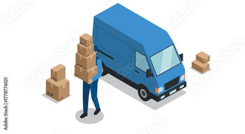 Isometric delivery van with courier loading packages