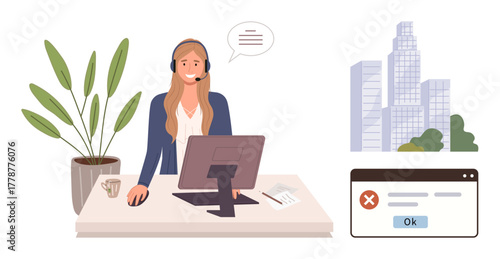 Customer service agent wearing a headset at desk interacting on computer, buildings and error popup nearby. Ideal for communication, support, troubleshooting, call center, online service