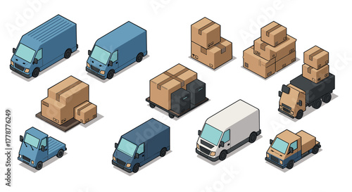 Isometric delivery trucks and cargo boxes set for logistics and transport design