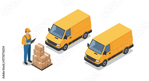 Delivery service isometric design with worker and yellow vans for shipping logistics