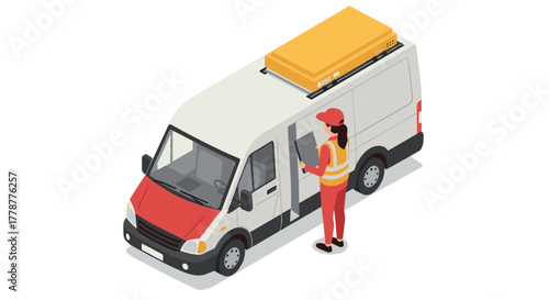 Isometric delivery van with courier in uniform checking package details