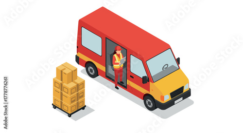 Isometric parcel delivery with worker unloading boxes from van