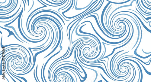 A white background with blue swirls and curvilinear lines in a seamless pattern