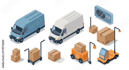 Isometric delivery vehicles and packages with forklift in a modern transportation setting