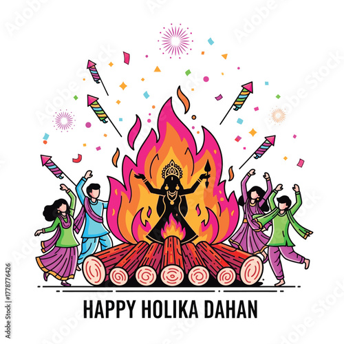 Joyful Holika Dahan Celebration with Bonfire and Festive People