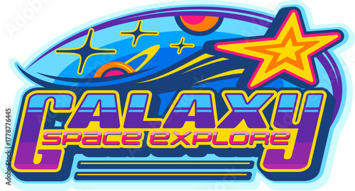 Galaxy space explore retro Y2K icon or symbol. Universe research vintage vector sign, cosmos exploration icon. Galaxy outerspace discovery emblem with shooting star and retro futuristic typography