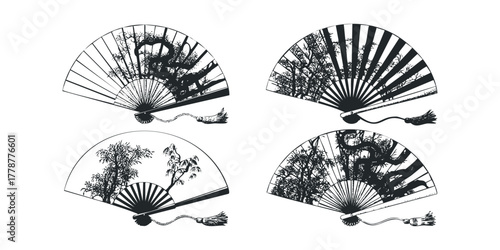 Four black and white folding fans with intricate tree and bamboo motifs