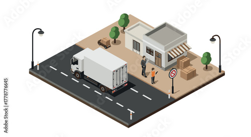 Isometric delivery scene with truck and warehouse on street corner