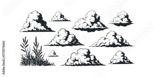 Group of cumulus clouds and grass in scratchboard style