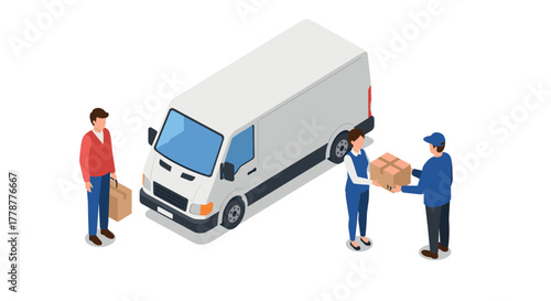 Isometric delivery scene with van and people exchanging packages