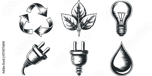 Recycling symbol leaf lightbulb and electrical plug icons