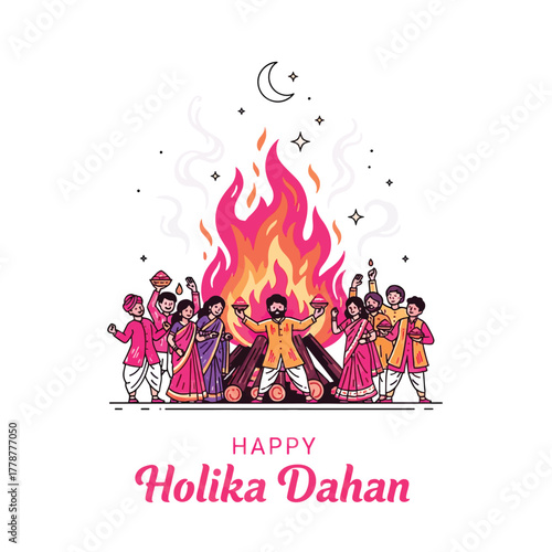 Joyful Holika Dahan Celebration with Bonfire and Festive People