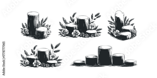Group of Cylindrical Pedestals with Floral and Grain Accents