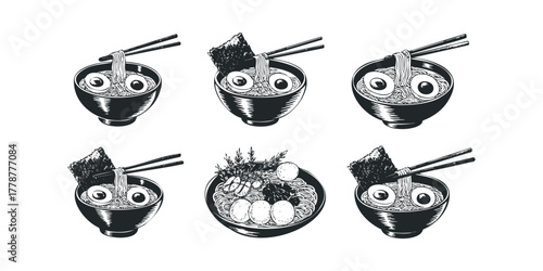 Six bowls of ramen noodles with toppings and chopsticks