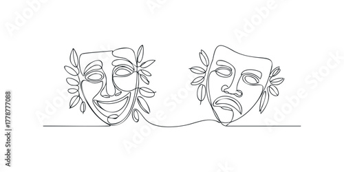 Two expressive faces in continuous line drawing with leaves