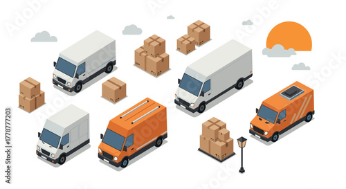 Modern isometric delivery vans with parcels and sunset scene
