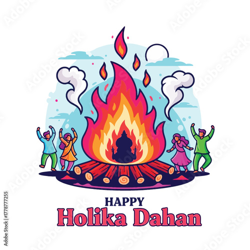 Joyful Holika Dahan Celebration with Bonfire and Festive People