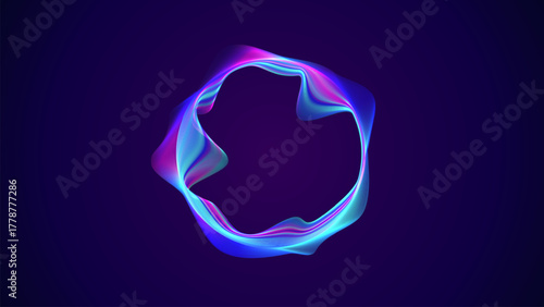 Abstract glowing circular soundwave visualization on deep blue background. The vibrant, neon lines create a dynamic, suggesting audio technology, digital music, or energetic particle flow.
