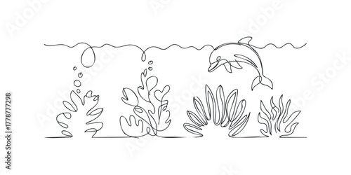 Continuous line drawing of a dolphin swimming above underwater plants