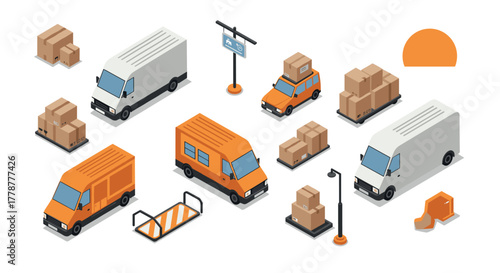 Isometric cargo transportation scene with delivery trucks and packages in urban setting