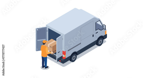 Delivery person loading boxes into cargo van isometric illustration