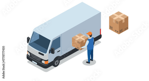 Isometric delivery truck and worker handling packages for shipping and logistics