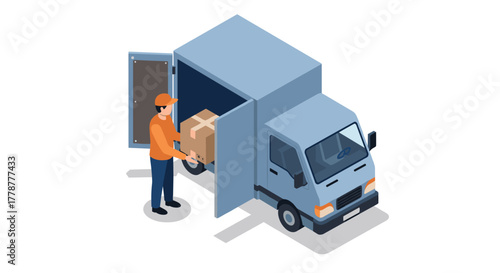 Isometric delivery truck with worker loading box for ecommerce and logistics