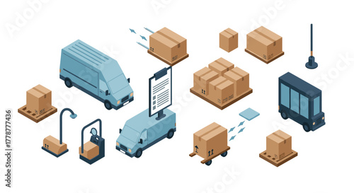 Isometric delivery trucks and packages for shipping and logistics concept