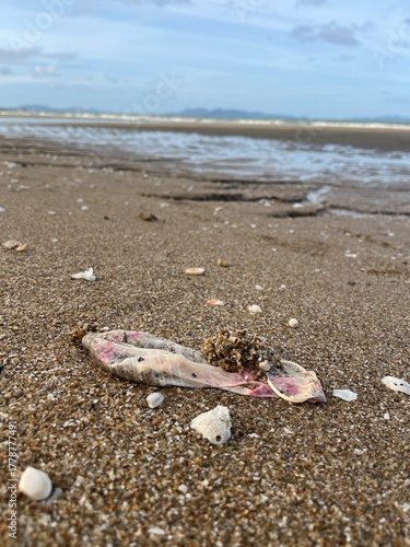 Condom and sanitary pad discarded on the sandy beach