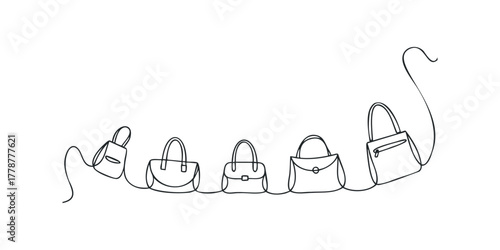 Minimalist line art drawing of five connected handbags
