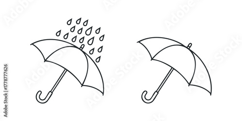 Two simple line drawings of umbrellas one in rain